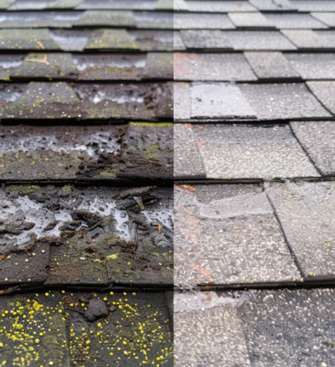 before and after comparison of a moss-damaged shingle roof and a clean one