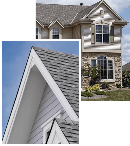 Two overlapping images of residential homes with siding
