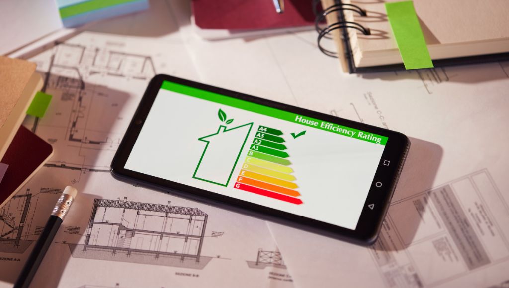 A tablet displaying a house efficiency rating chart, lying on a table with building blueprints. The screen shows a scale from A to G, with green highlighting the top grades.