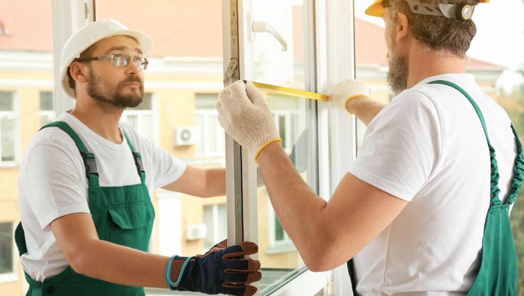 Two construction workers in hard hats and green coveralls install new windows in a home. One holds the window while the other measures it with a tape measure.