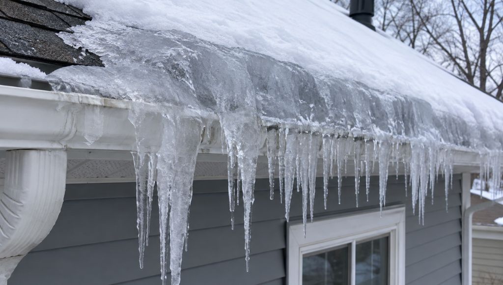 A massive ice dam blocks a gutter on a residential roof.