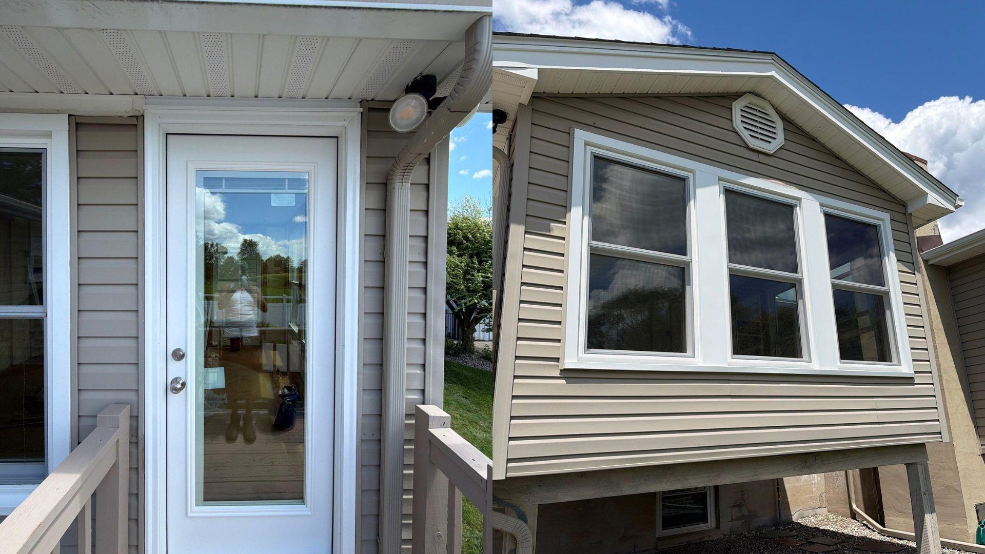 roof-restoration New ProVia entry door and double-hung windows with white aluminum wrapping on a Cicero, NY home