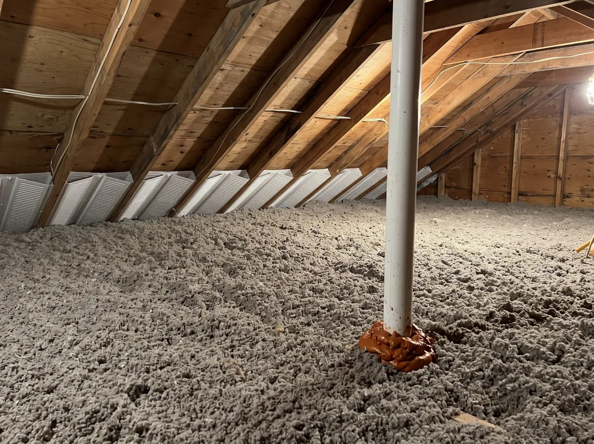 Attic with deep blown-in insulation, baffles at the eaves and a sealed plumbing vent