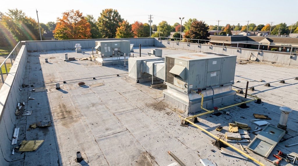 Flat-roofed commercial building in Central New York seen from the roof