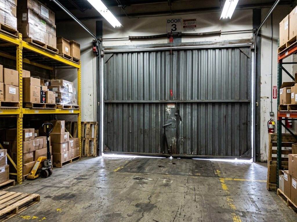 Loading door seen from inside a commercial building