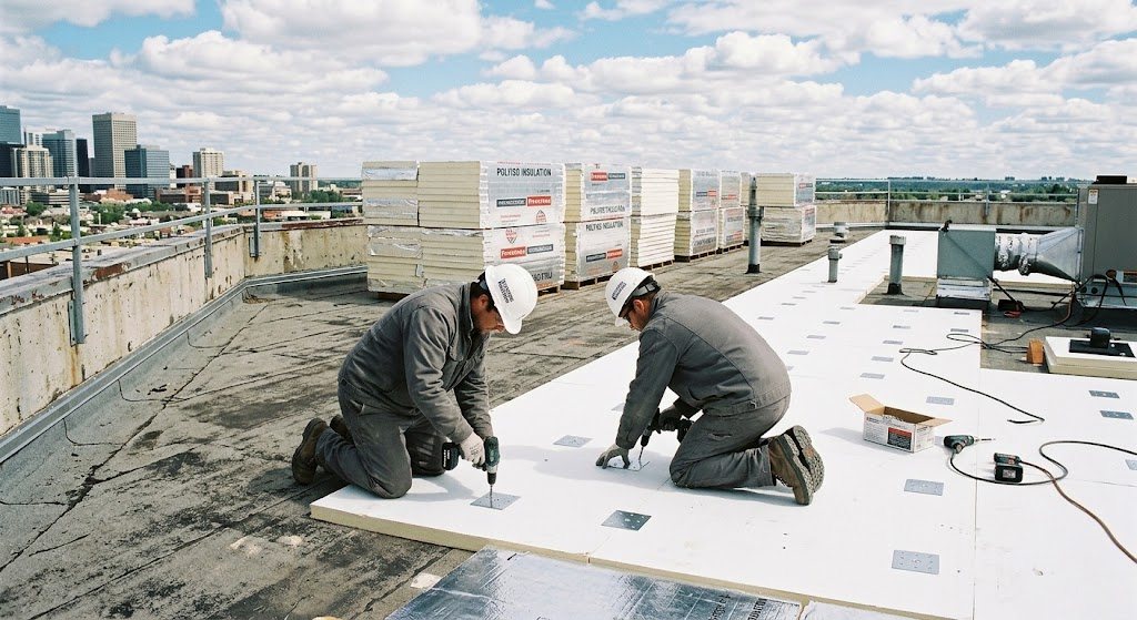 Rigid insulation boards being installed on a commercial roof