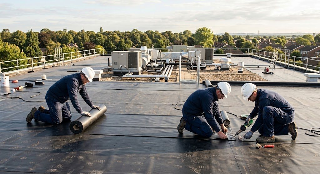 Roofing crew working on a flat commercial roof