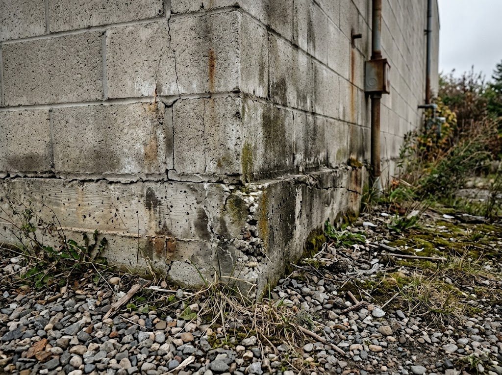 Exposed slab edge and foundation wall of a commercial building