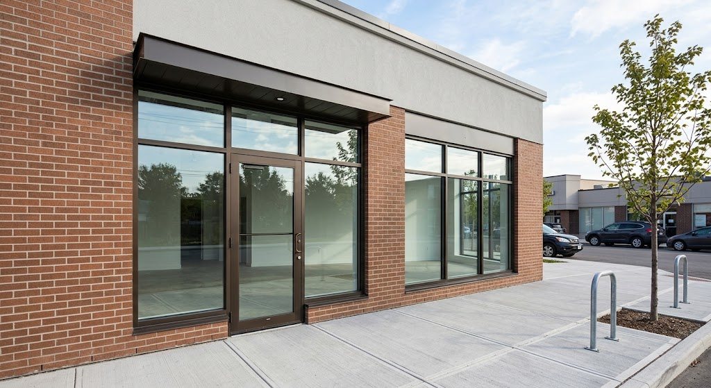 New storefront glazing and entry door on a commercial building