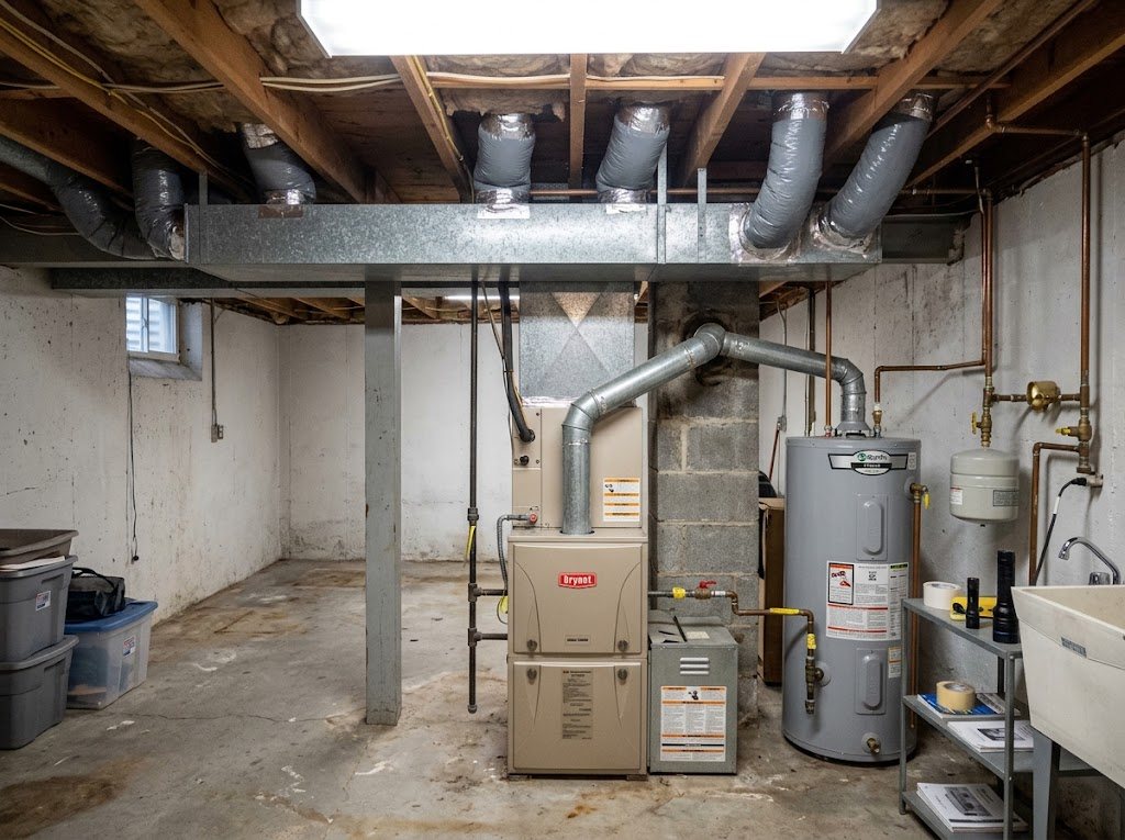 Furnace and duct trunk in a Central New York basement