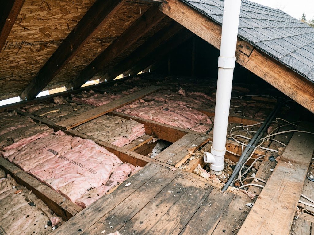 Old, thin attic insulation before the work