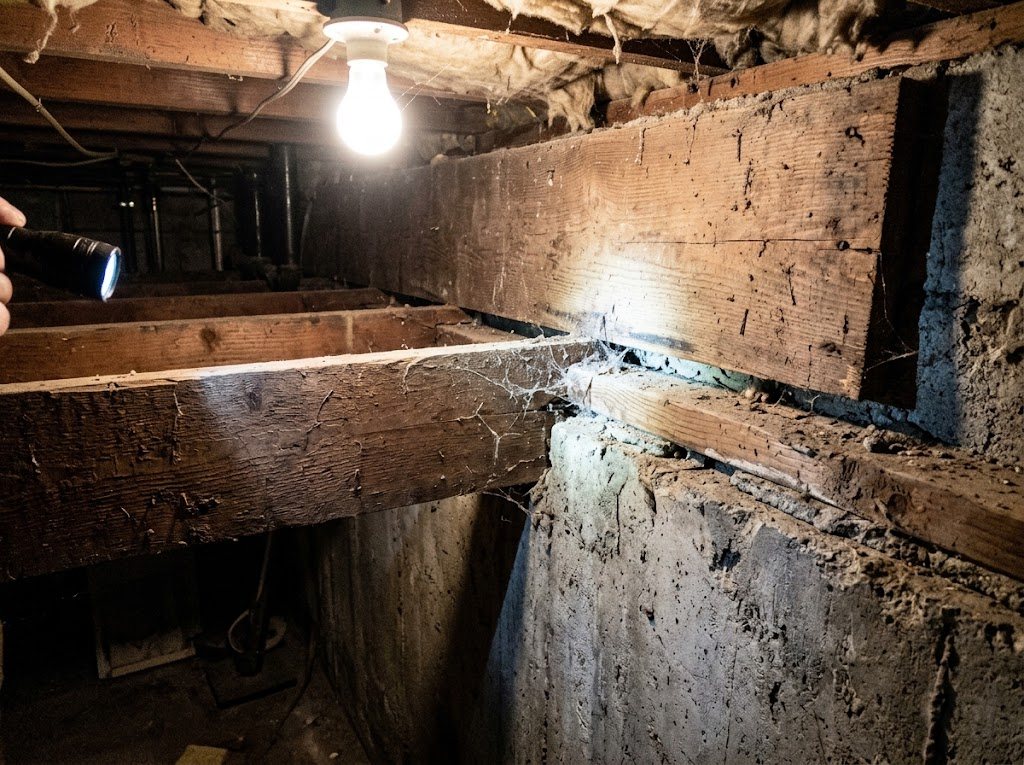 Rim joist and sill plate seen from inside a basement, before air sealing